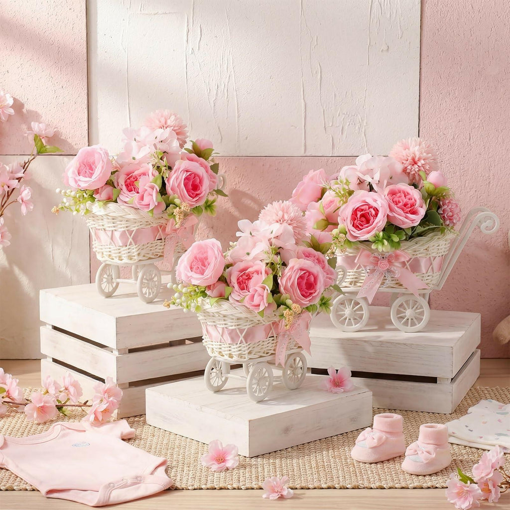 Fiwochic 3 Pack Rattan Baby Carriage Floral Arrangement with Bouquet Baby Shower