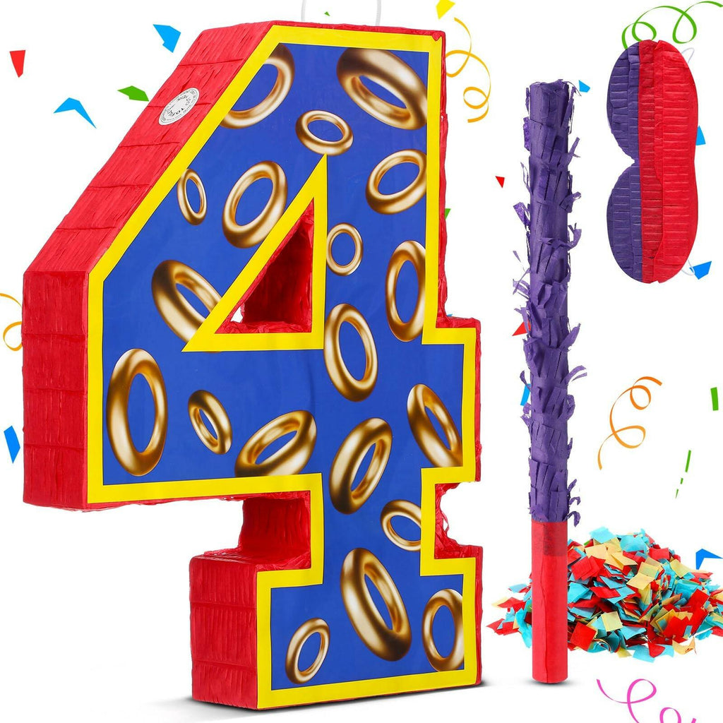 16 Inch Number 4 Blue and Golden Rings Pinata for Birthday Party Decorations,