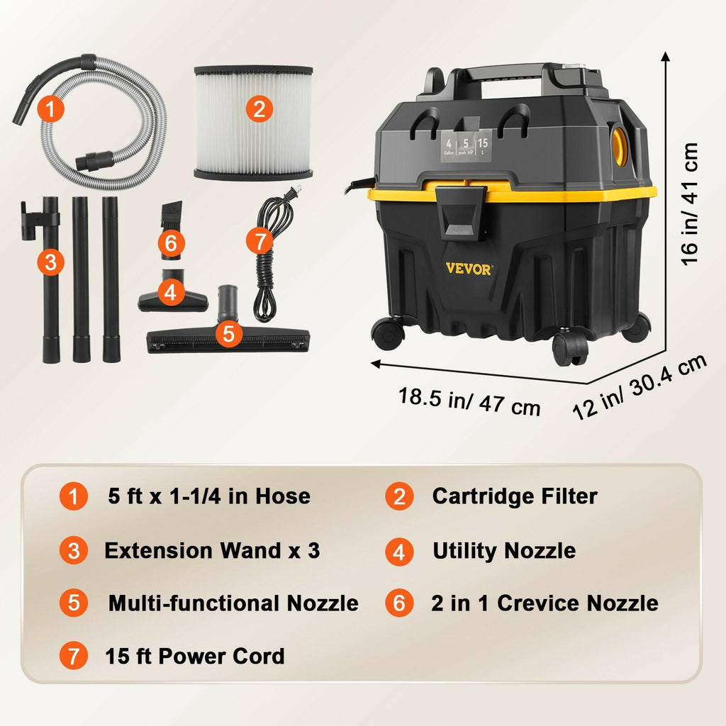 VEVOR Wet/Dry Vacuum Shop Vac 4 Gallon 5 Peak HP 3-in-1 Blower Portable