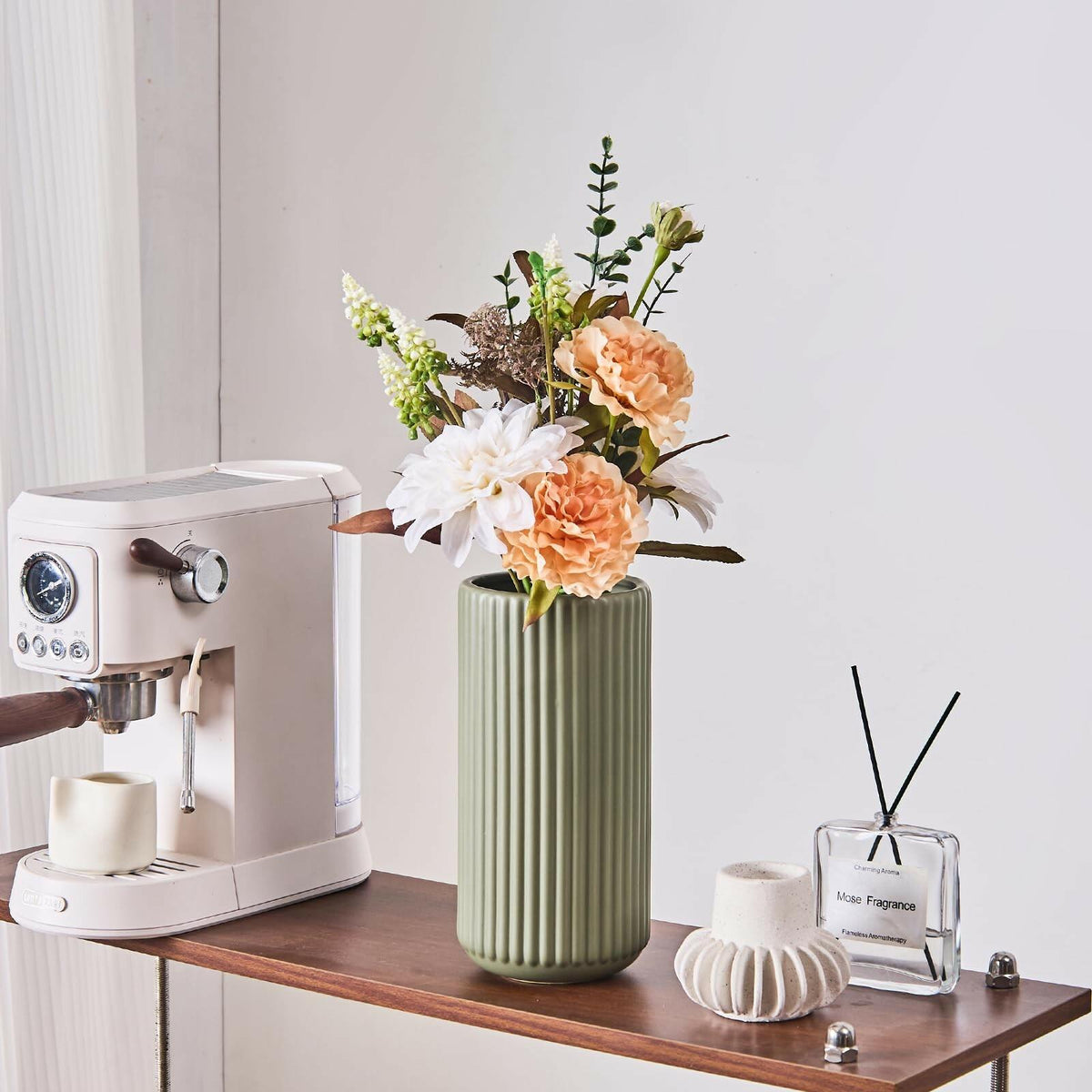 Green Ceramic Flower Vase for Pampas Grass, 8 inch Small Decorative Centerpiece