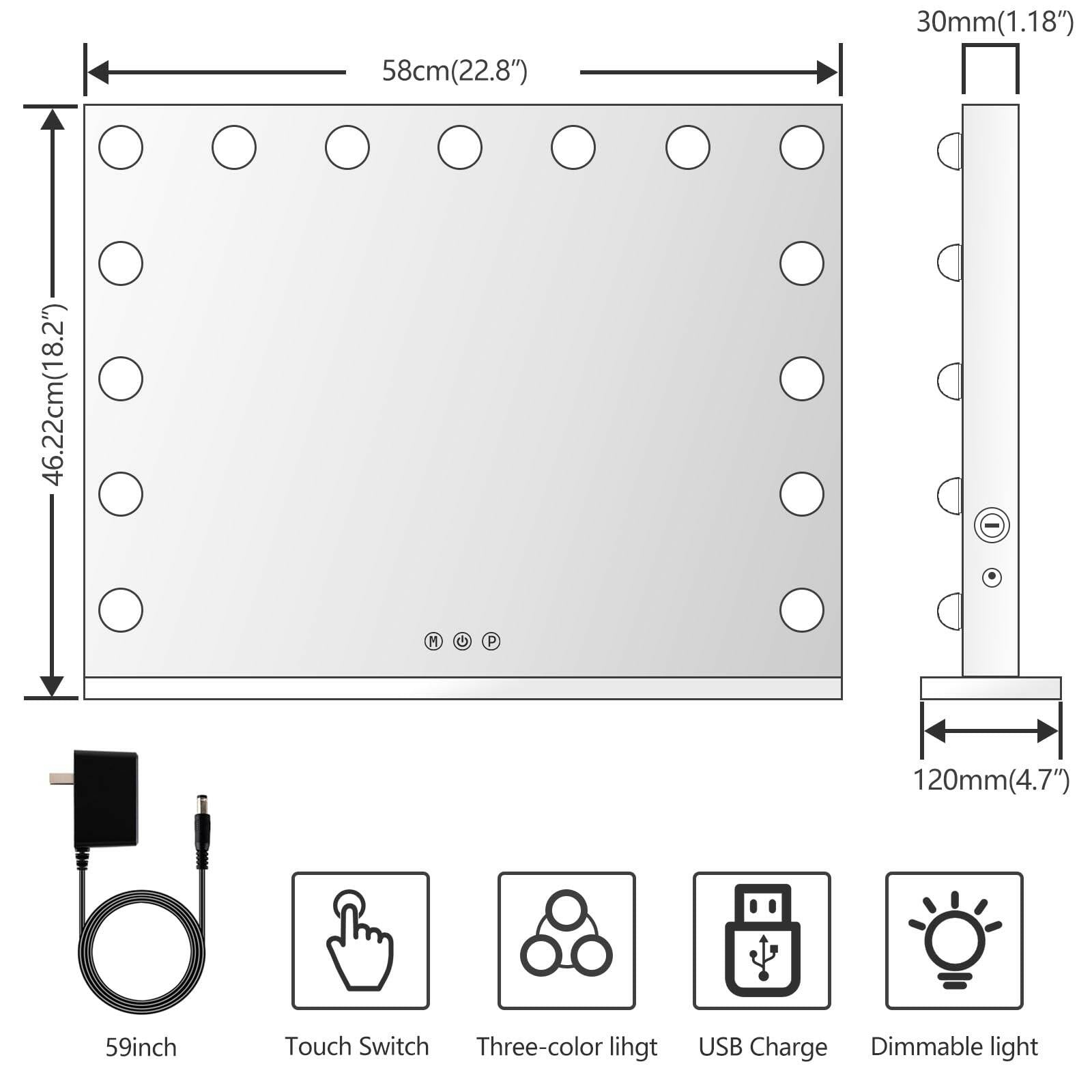 Gvnkvn Vanity Mirror with Lights 24x18 Inch, Lighted Makeup Mirror with 15