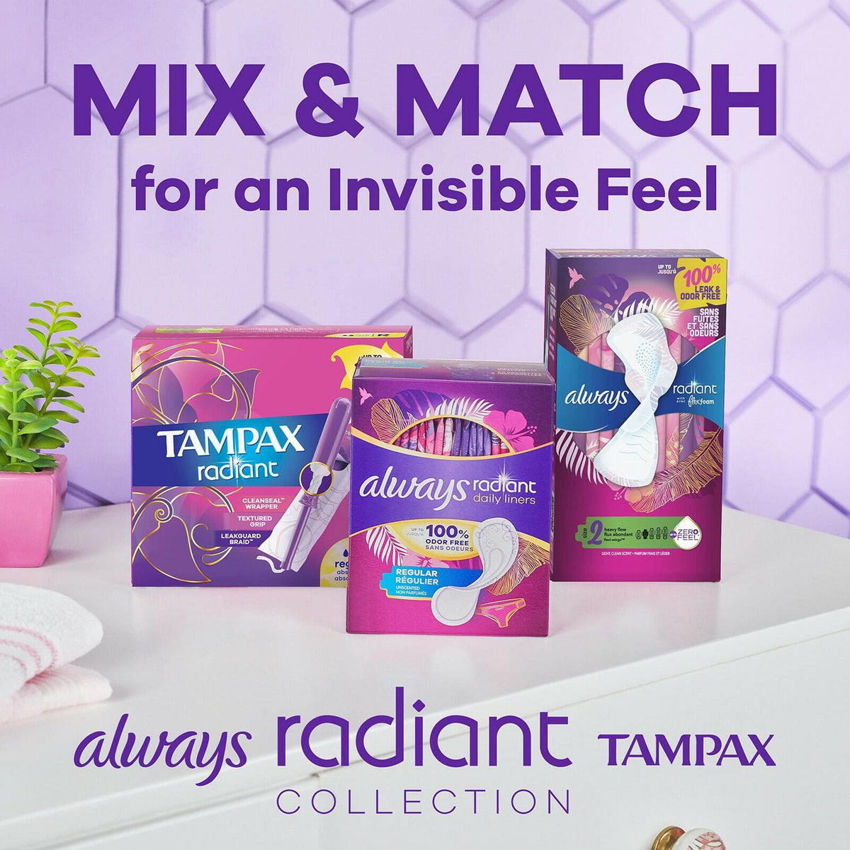 28 Count Tampax Radiant Tampons Multipack With Leakguard Braid, Regular/Super