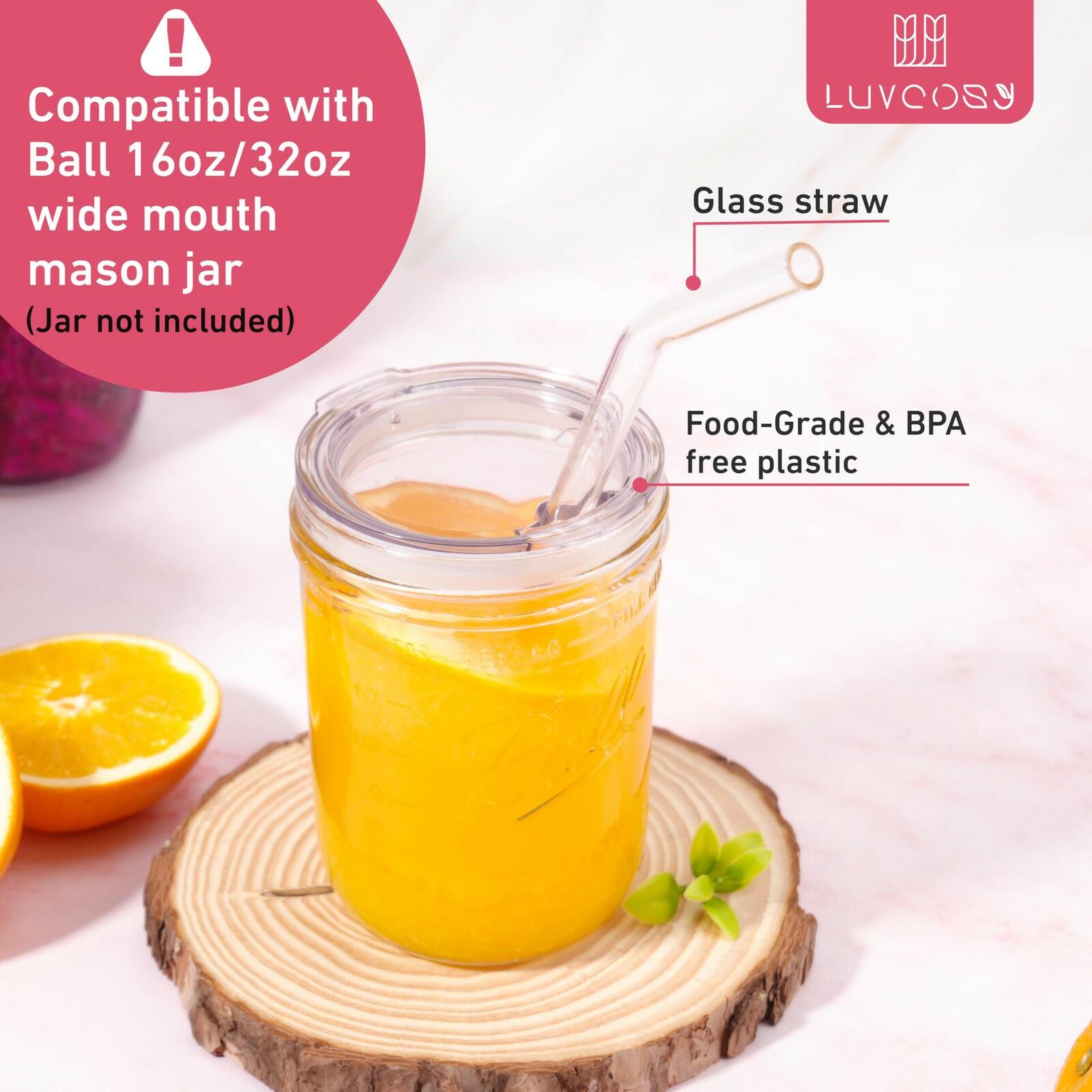 2 PACK Reusable Wide Mouth Mason Jar Lids with Glass Straw Hole -Fit 2.9-inch