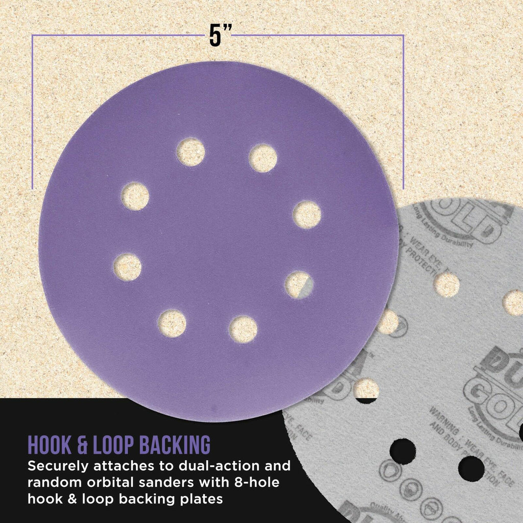 Dura-Gold Premium 400 Grit 5" Purple Film Ceramic Sanding Discs, 8-Hole Pattern,