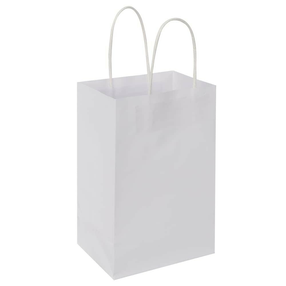 Oikss 100 Pack 5.25x3.25x8.25 Inch Small White Kraft Paper Bags with Handles