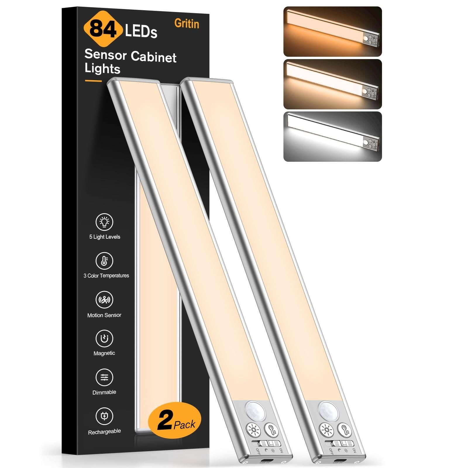 2 PACK Gritin 10.2inch Under Cabinet Lighting Rechargeable 3 Color Temps&5 Level