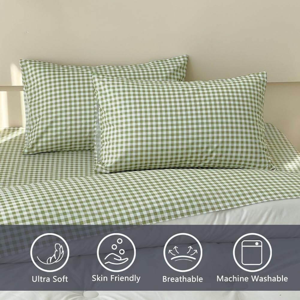 NSNLGSGC Sage Green Gingham Full Sheet Set, Soft Brushed Microfiber Plaid Full