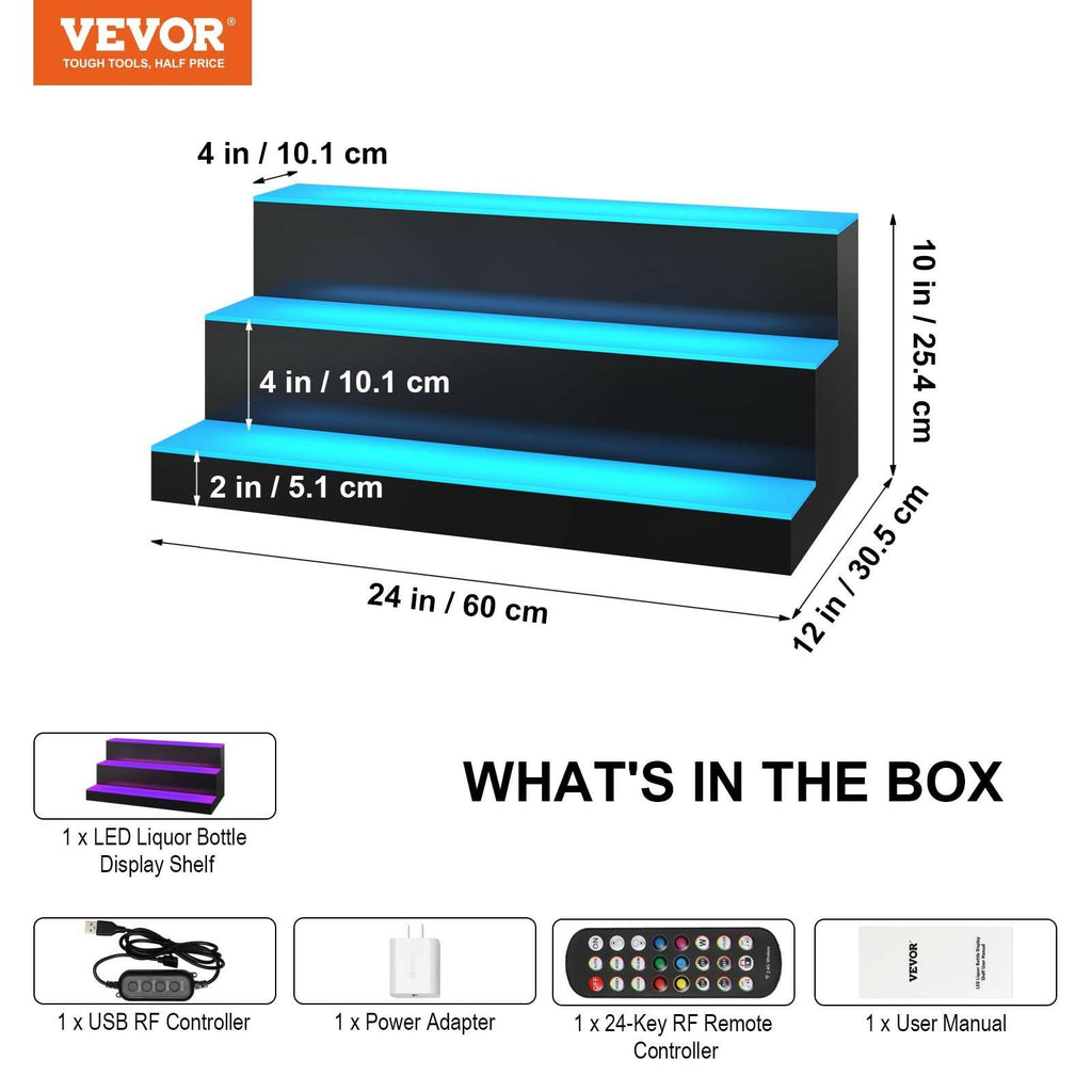 VEVOR LED Lighted Liquor Bottle Display, 3 Tiers 24 Inches, Supports USB,