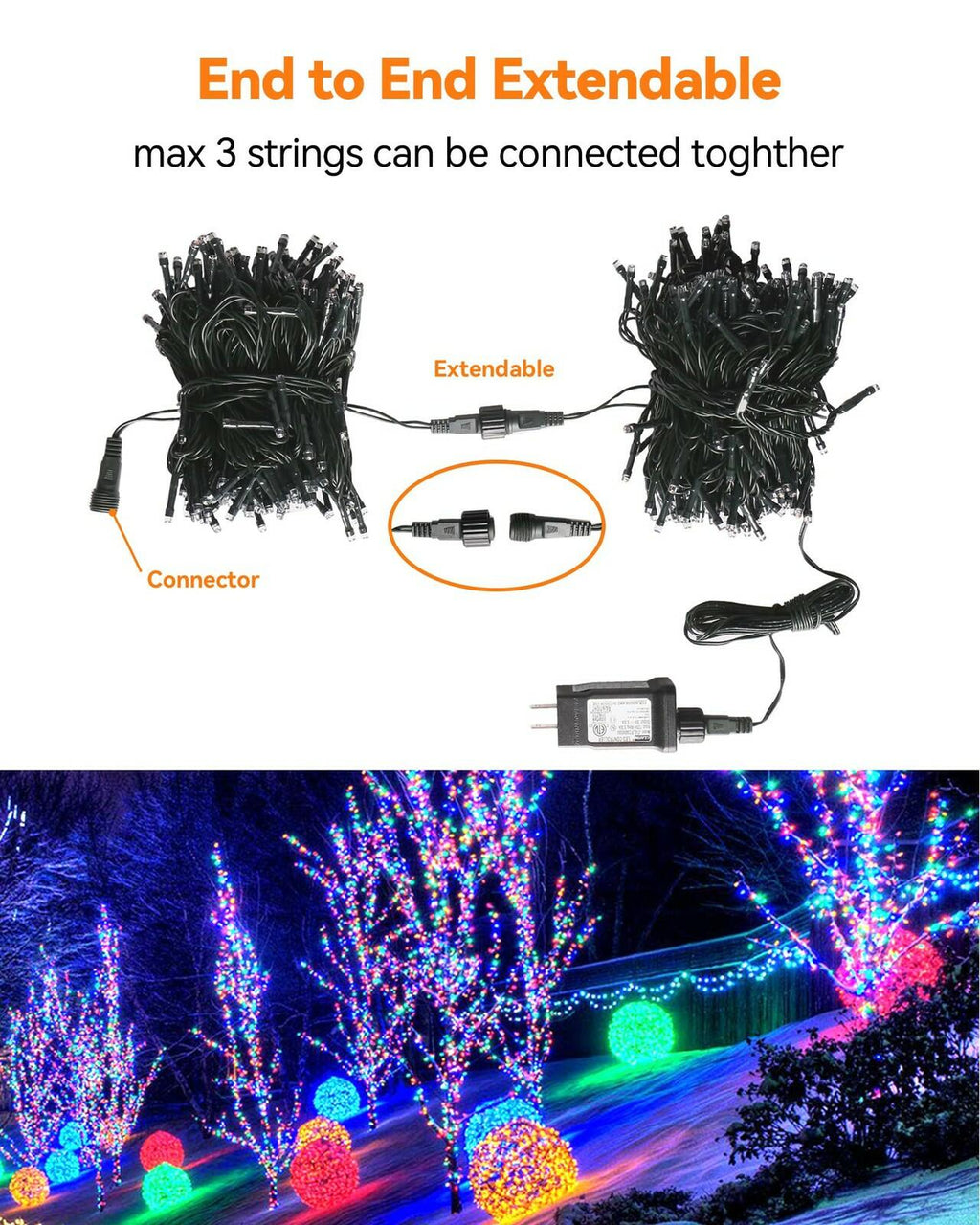 Blingstar Christmas String Lights - 98.4 Ft+9.8 Ft 300 LED Extendable Plug-in 8