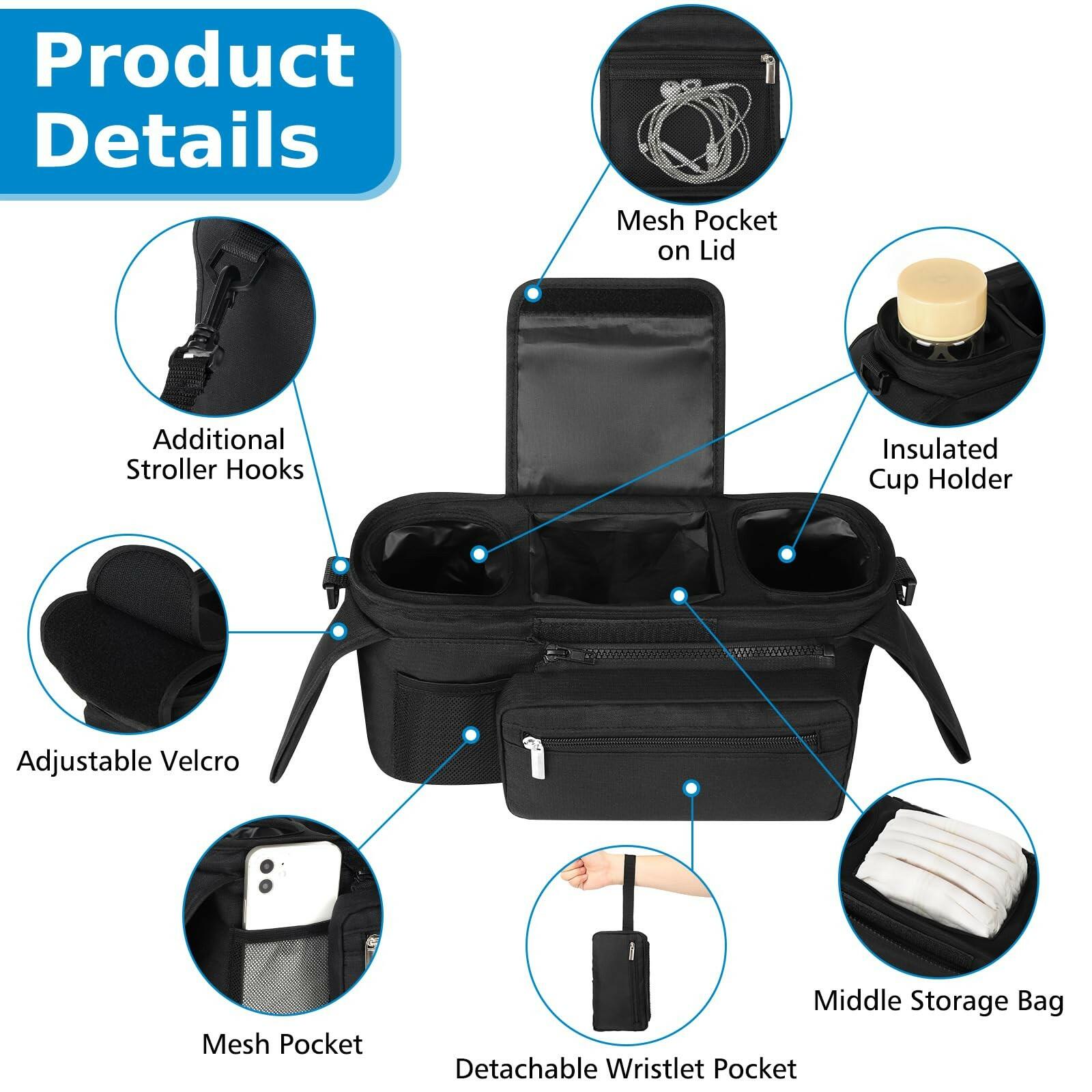 Accmor Universal Stroller Organizer with Insulated Cup Holder Detachable Phone