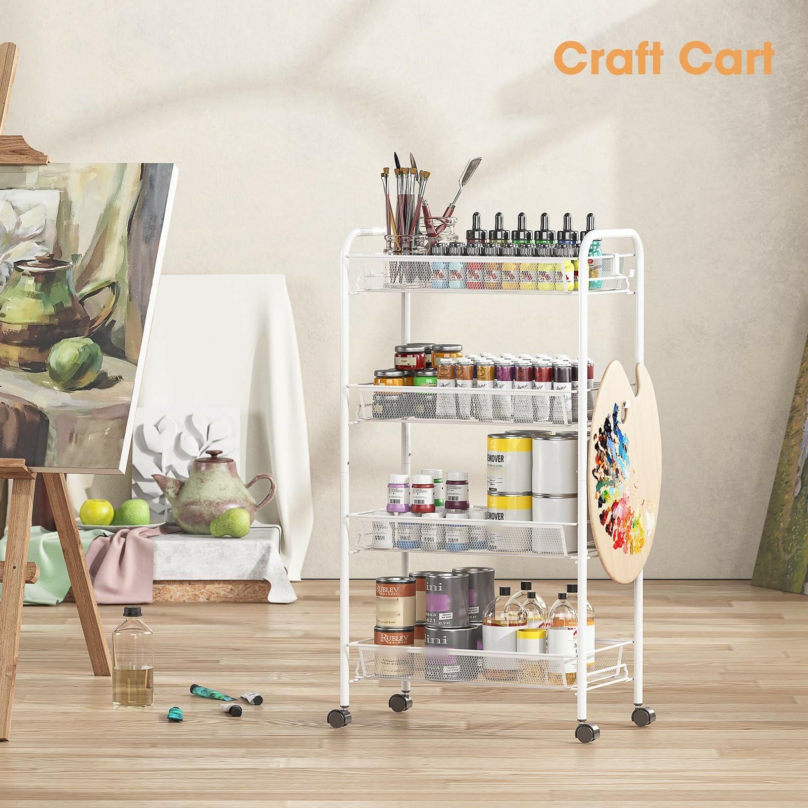 TOOLF 4-Tier Rolling Cart, Metal Utility Cart with 3 Hooks, Easy Assemble Mobile