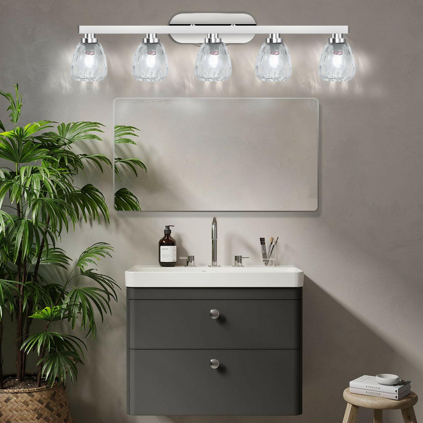 GarveeTech 4 Light Bathroom Light Fixtures Chrome with Hammered Glass Shade,