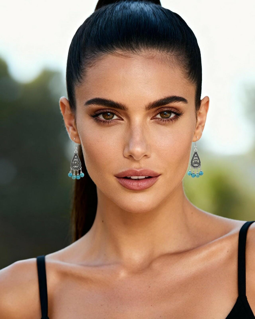 Watforsh Boho Silver Turquoise Filigree Western Country Earrings Teardrop Drop