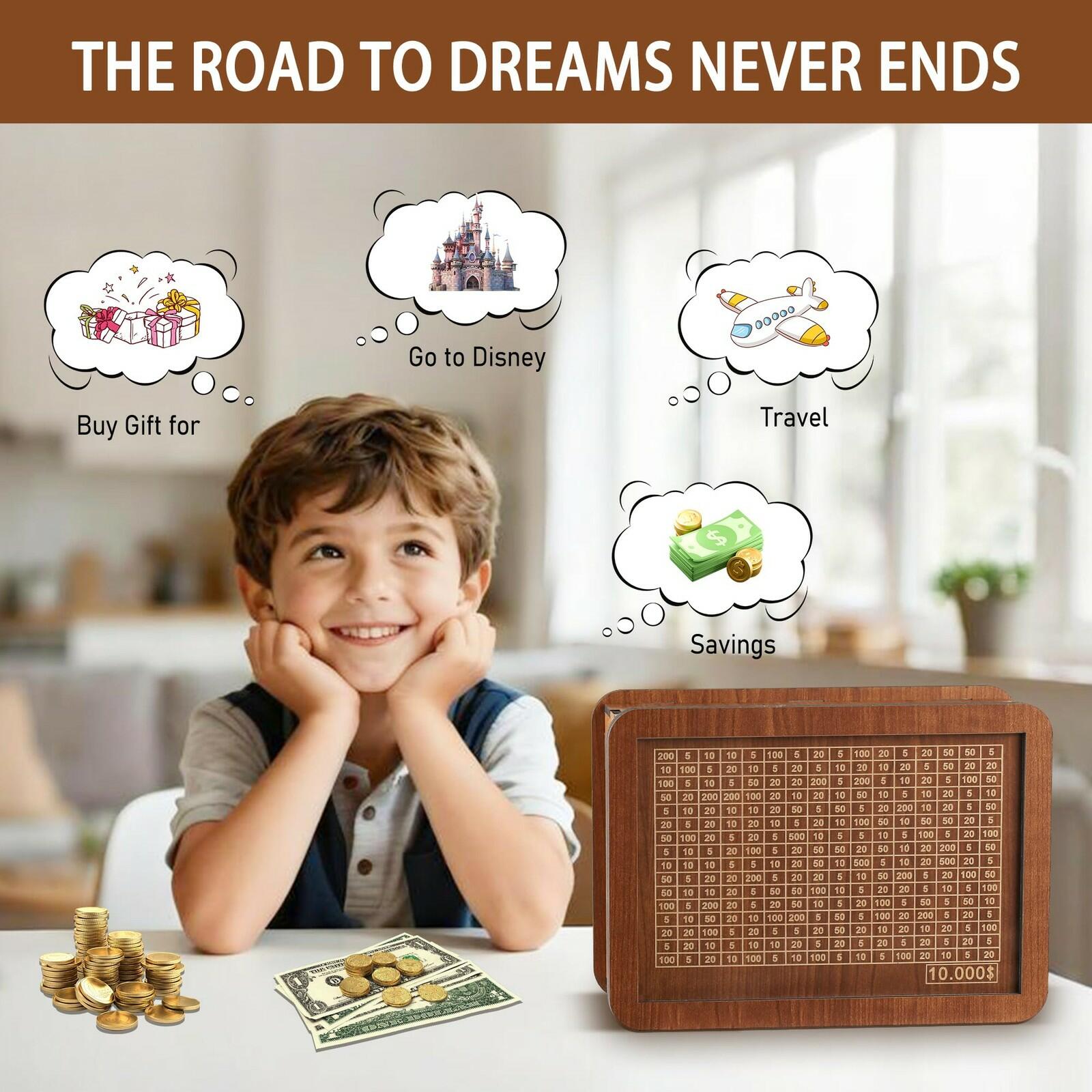 Wooden Money Saving Box for Kids & Adults - Reusable $10,000 Savings Challenge