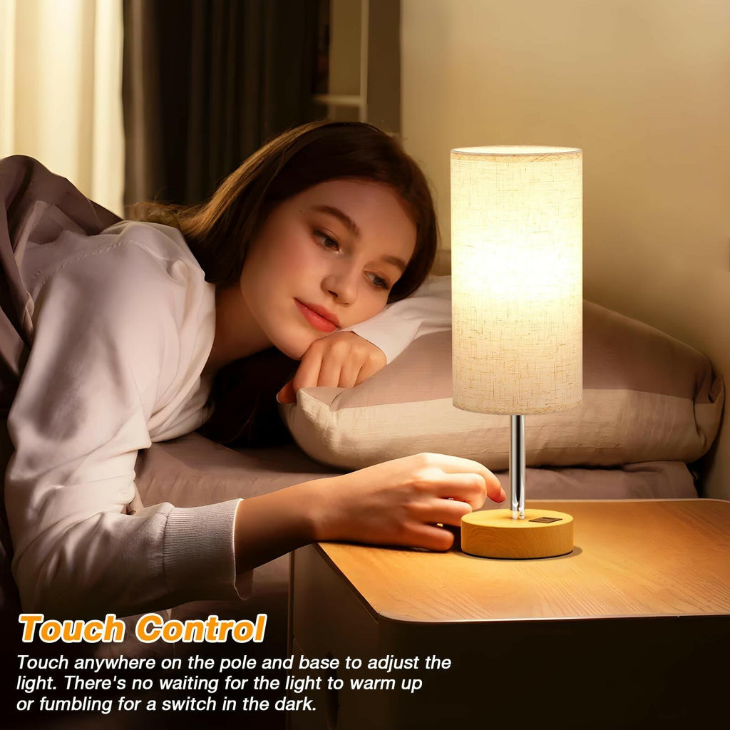 Dicoool Touch Bedside Table Lamp with USB - 3 Way Dimmable Wood Lamp for Bedroom