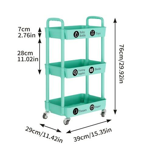 Laiensia 3 Tier Rolling Cart Green Storage Organizer Wheels