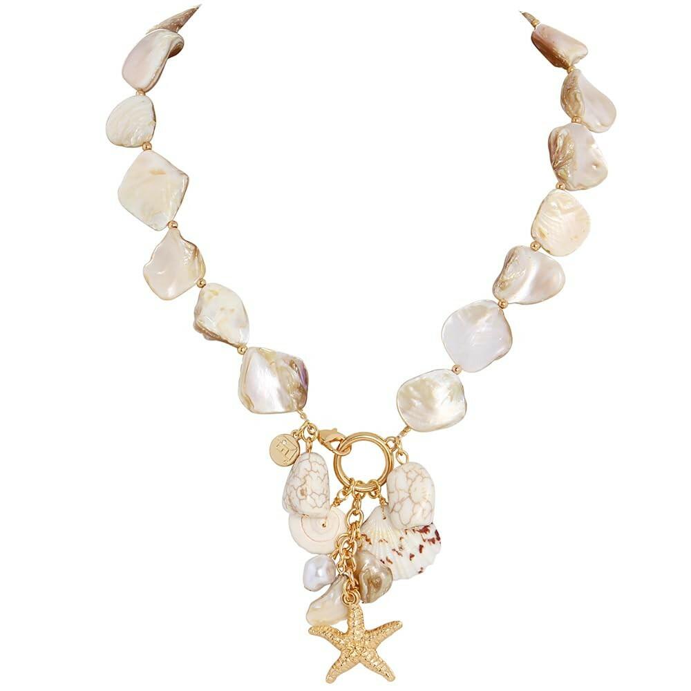 Firstmeet Natural Freshwater Shell Choker with Pearl Starfish Turquoise Pendant