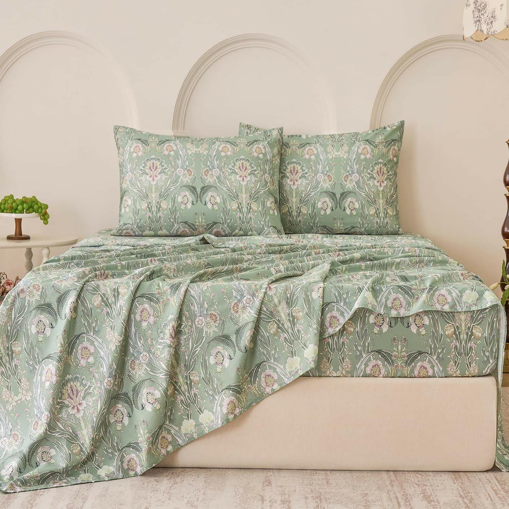 Huborise 17.5", 4Pcs Boho Sheets Silky Green Floral Bed Sheet Set Queen Size