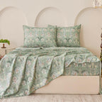 Huborise 17.5", 4Pcs Boho Sheets Silky Green Floral Bed Sheet Set Queen Size