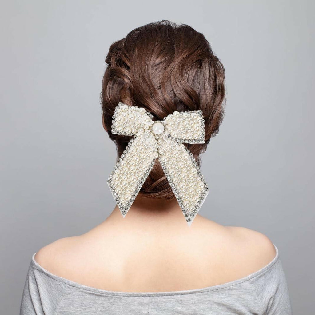 Large Pearl Rhinestone Hair Bow Clips- Full Sparkling Pearls with Crystal Stone