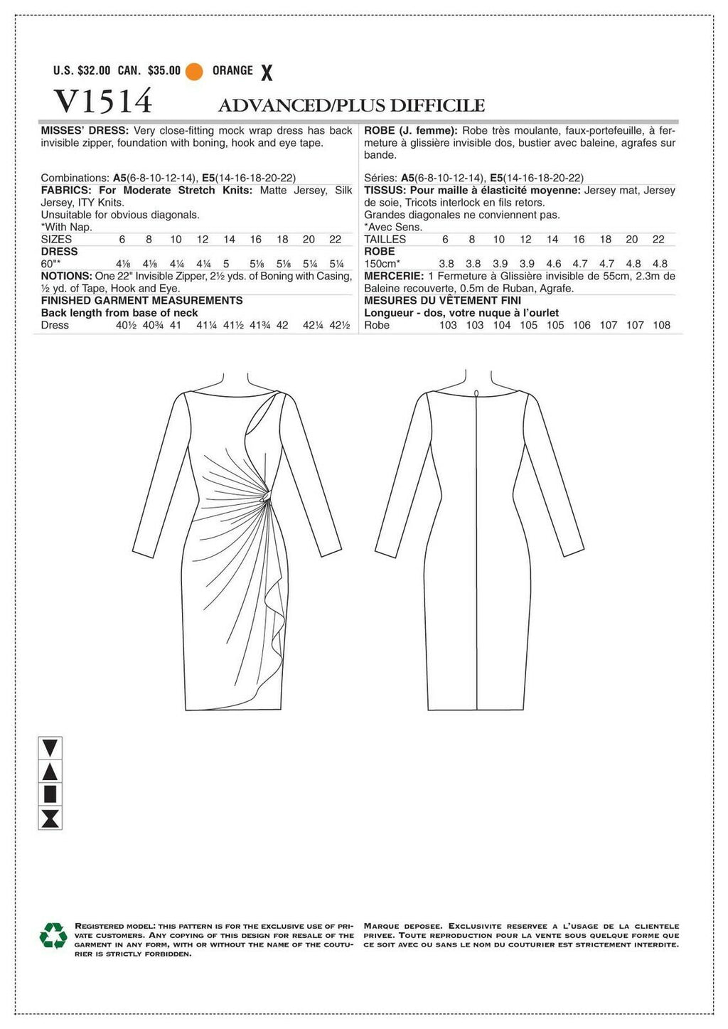 Vogue Patterns Misses' Mock-Wrap Cutout Dress, Orange