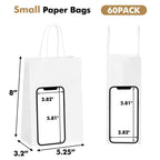 OUTUXED 60pcs 5.25x3.2x8in White Paper Bags with Handles, Small White Gift Bags