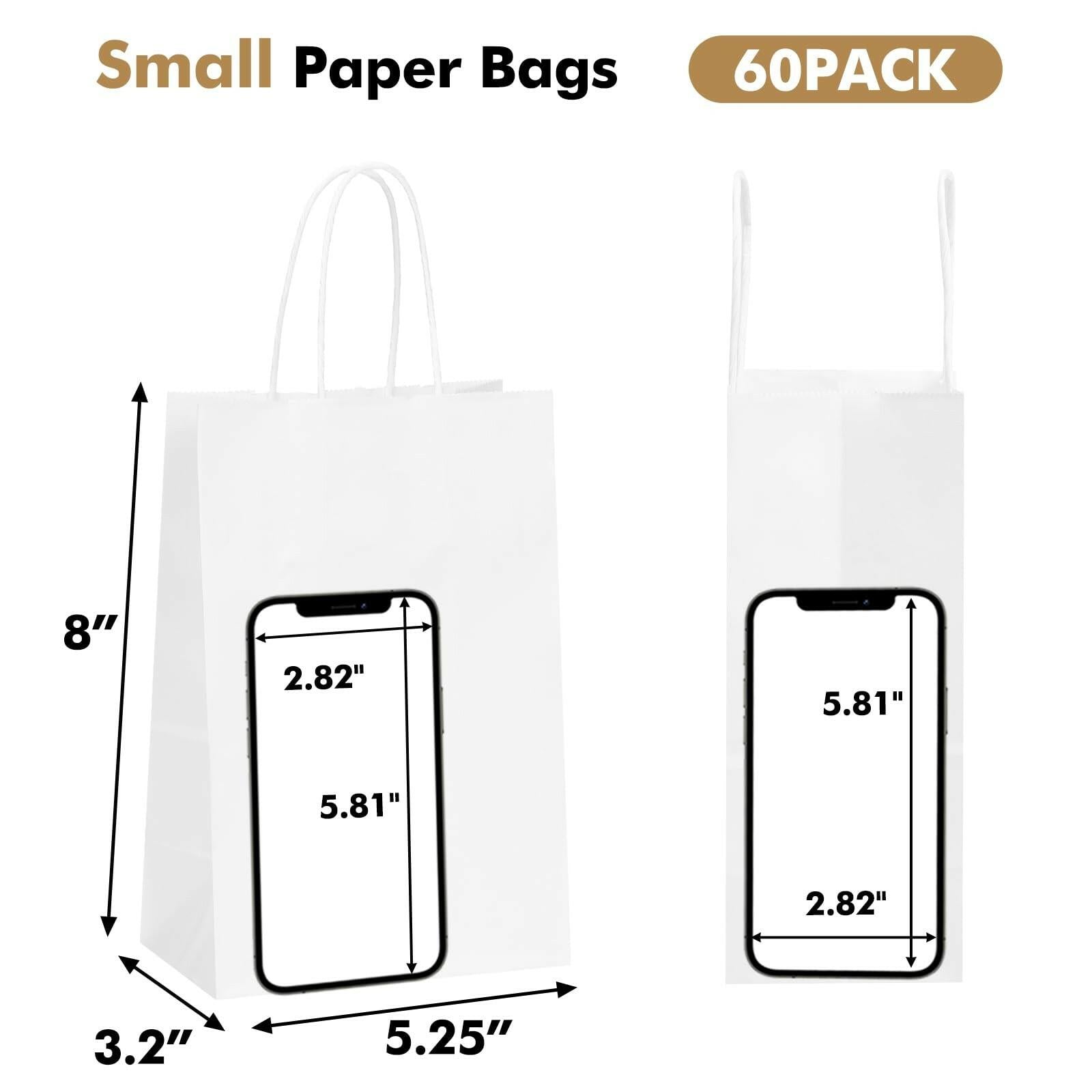OUTUXED 60pcs 5.25x3.2x8in White Paper Bags with Handles, Small White Gift Bags