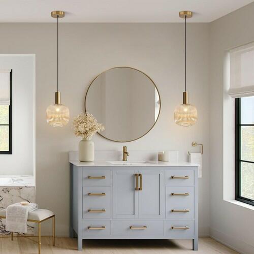 BOKT Modern Large Amber Glass Globe Pendant Light Fixture Brushed Brass Gold
