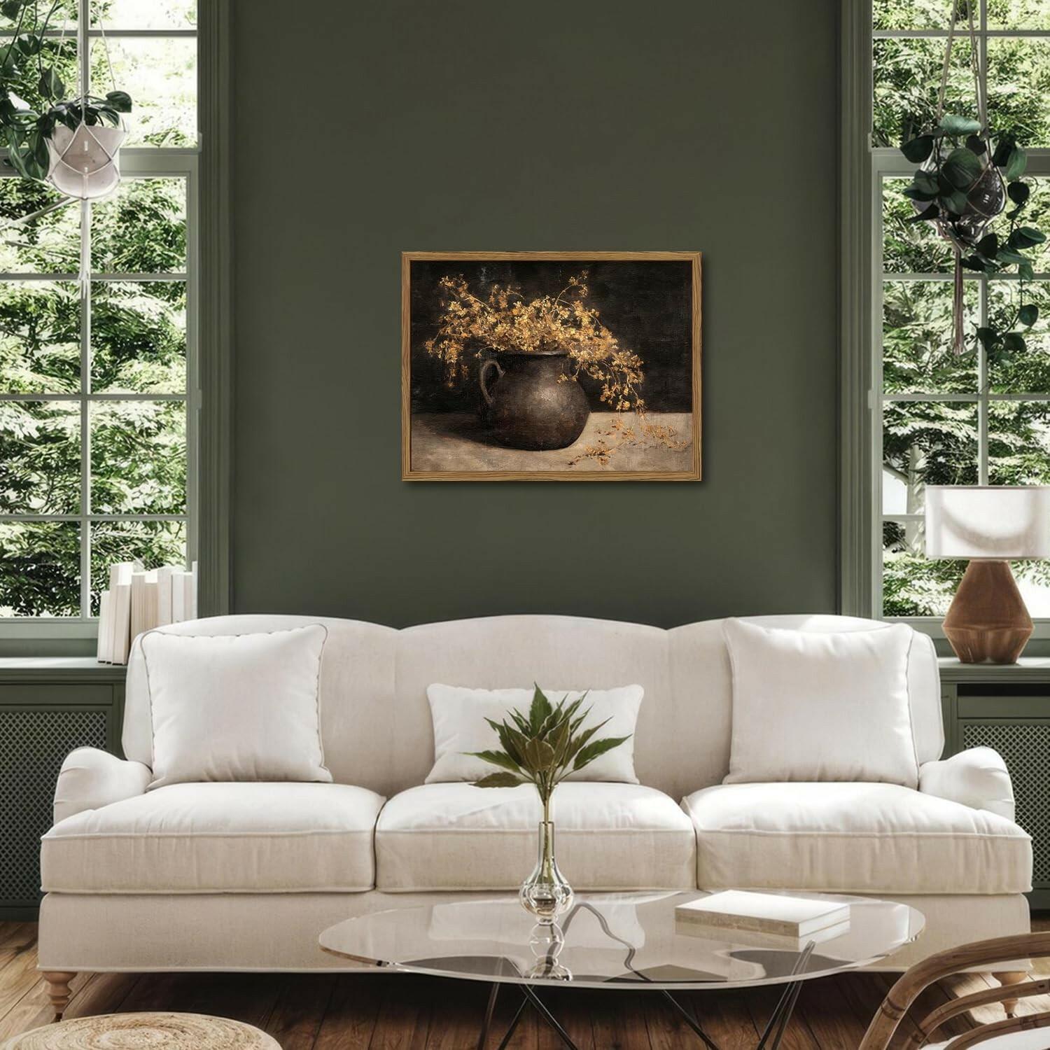 Framed Vintage Floral Wall Art, 12x16 inch 3D Textured Sandstone Dark Still Life