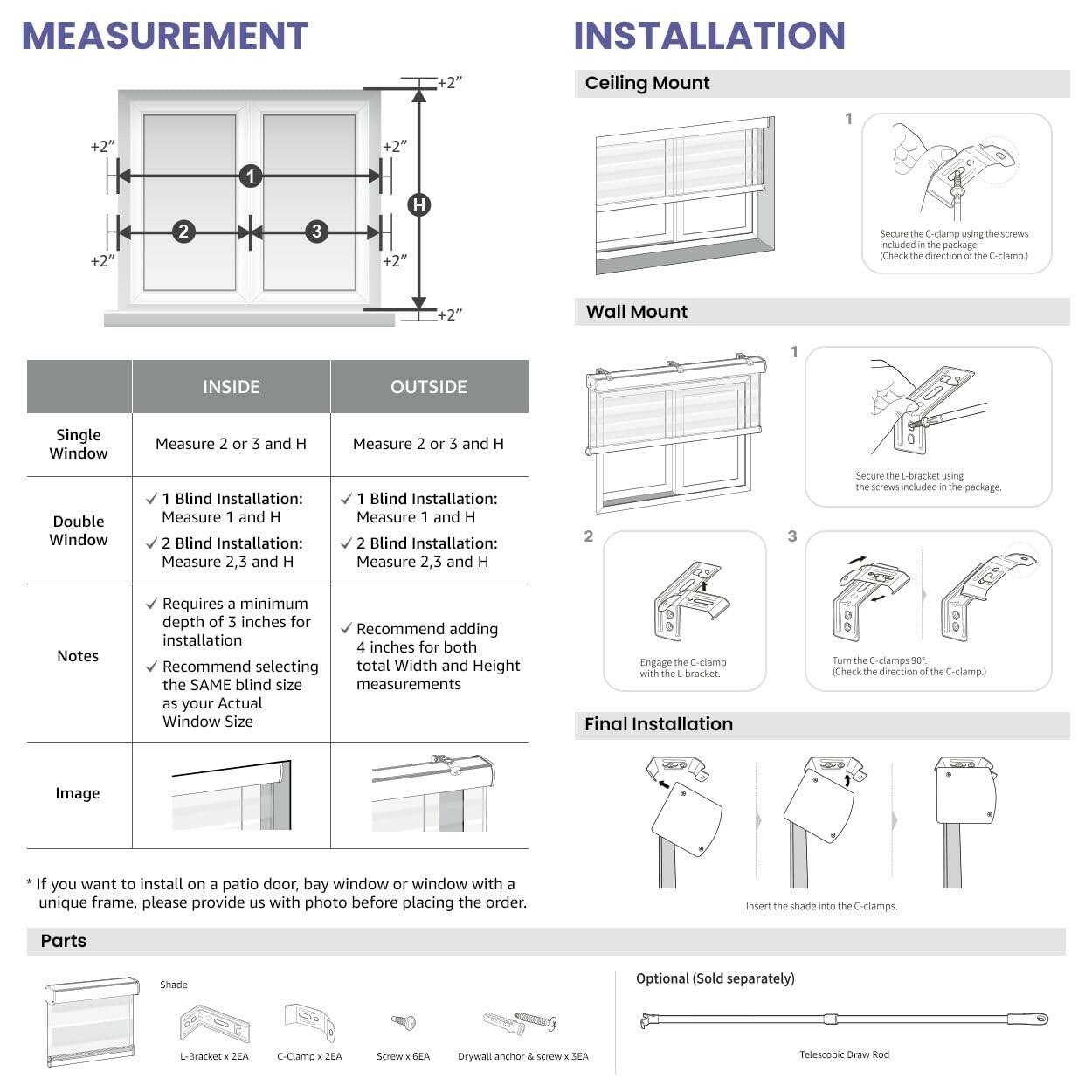 FOIRESOFT 37 in W 64 in H Standard Cordless Blackout Zebra Roller Shades and