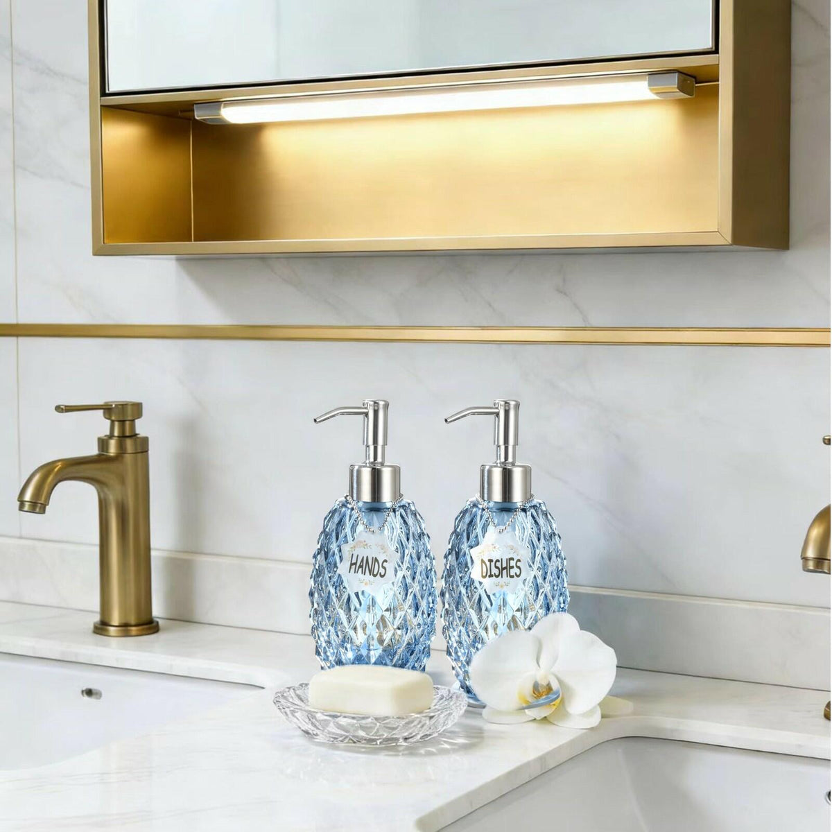 MALACHI Soap Dispenser Set, Crystal-Textured Diamond Glass with Rustproof