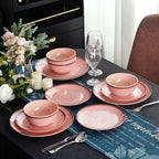 12Pcs Melamine Dinnerware Set, Plates And Bowls Sets for 4, Pink Color
