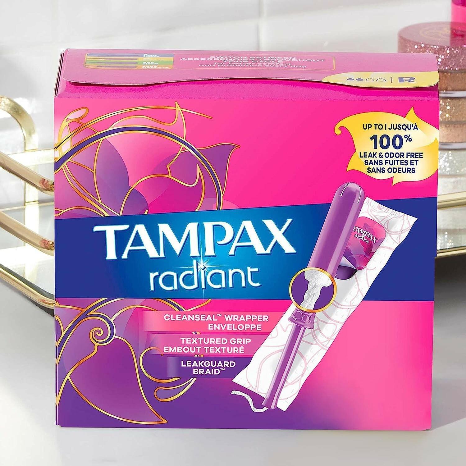 28 Count Tampax Radiant Tampons Multipack With Leakguard Braid, Regular/Super