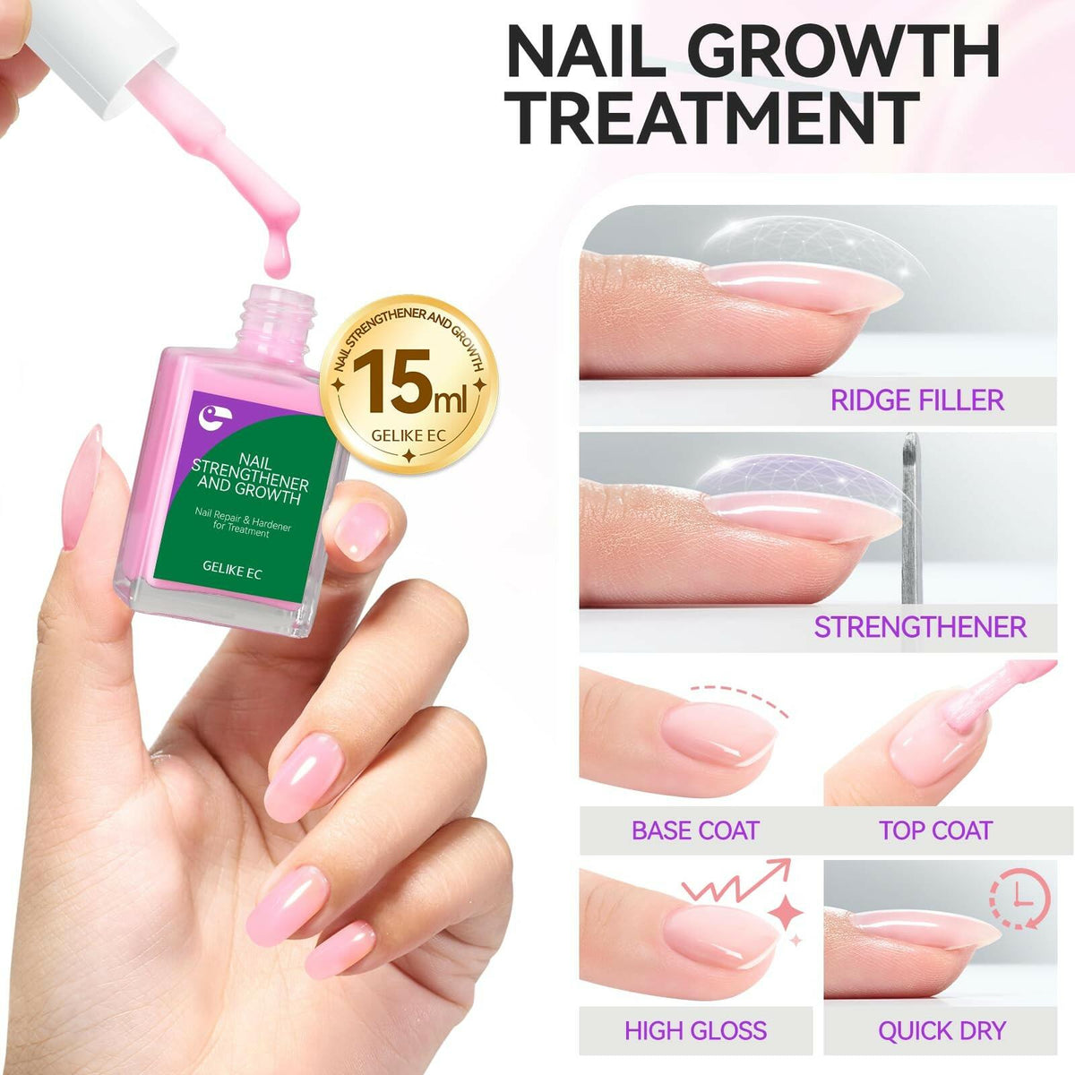 Nail Polish Strengthener and Growth Treatment: Pink Gelike EC 6 in 1 Natural
