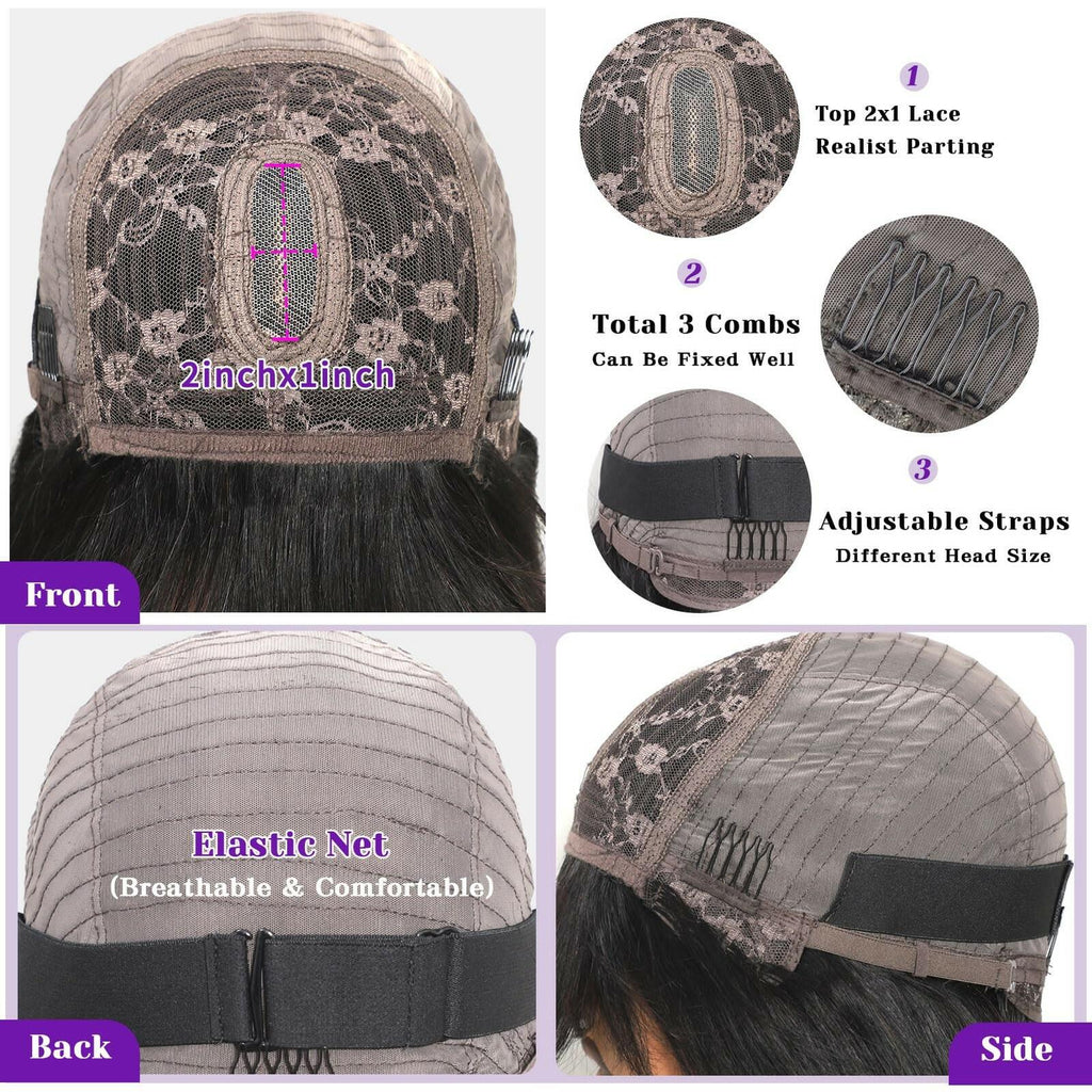 REMESSE Short Bob Wig with Bangs Human Hair Glueless 180% Density Middle Part