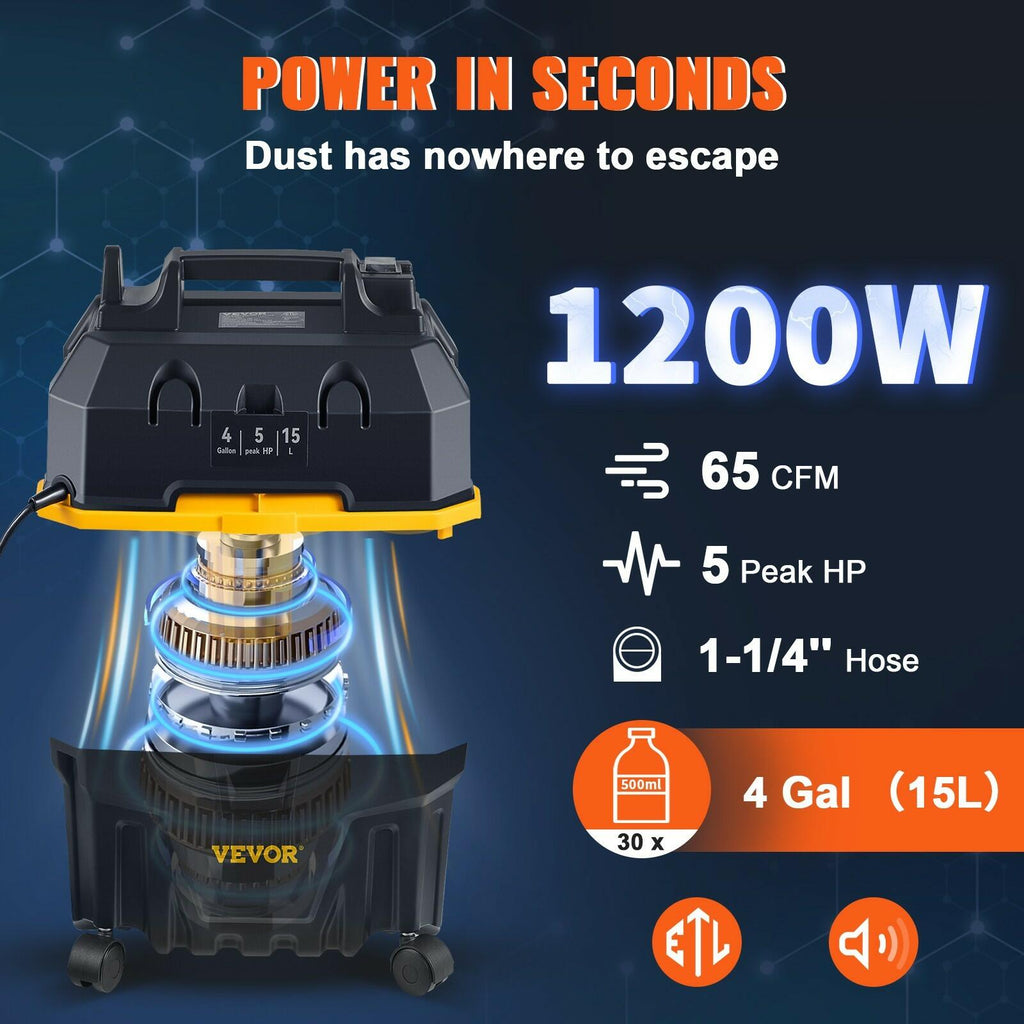 VEVOR Wet/Dry Vacuum Shop Vac 4 Gallon 5 Peak HP 3-in-1 Blower Portable