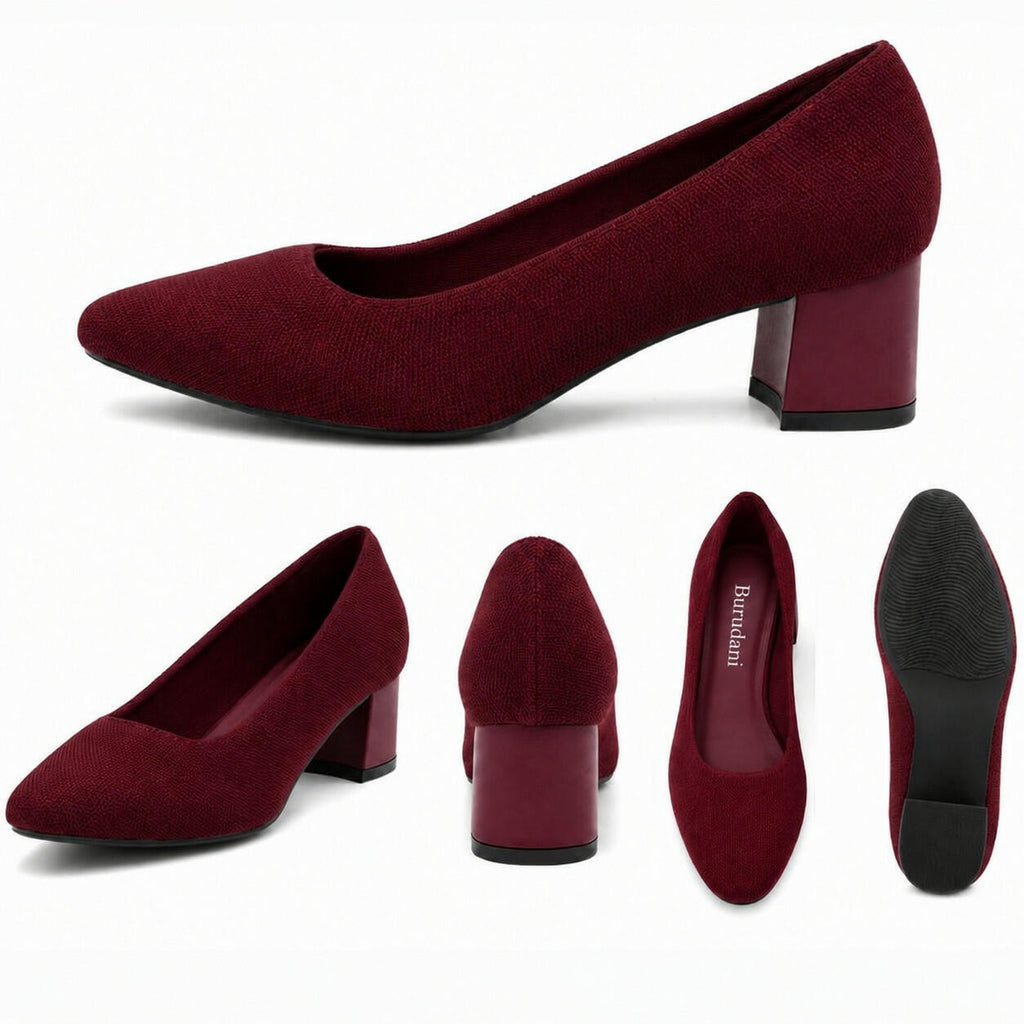 Burudani Women Burgundy Block Heel Pumps Knit Comfort Round Toe Size 11