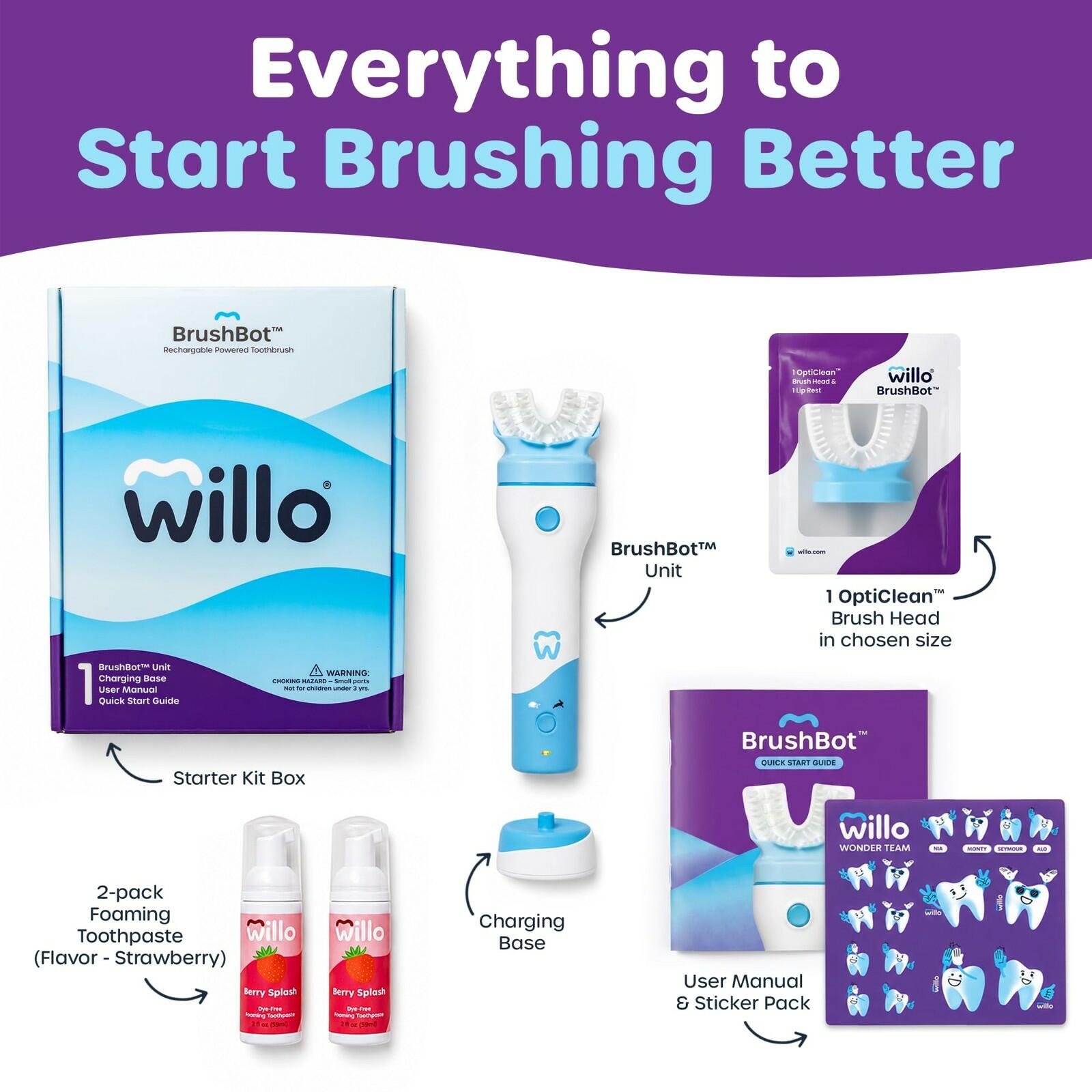 Willo BrushBot Kids Toothbrush Kit, Medium Berry Dye-Free