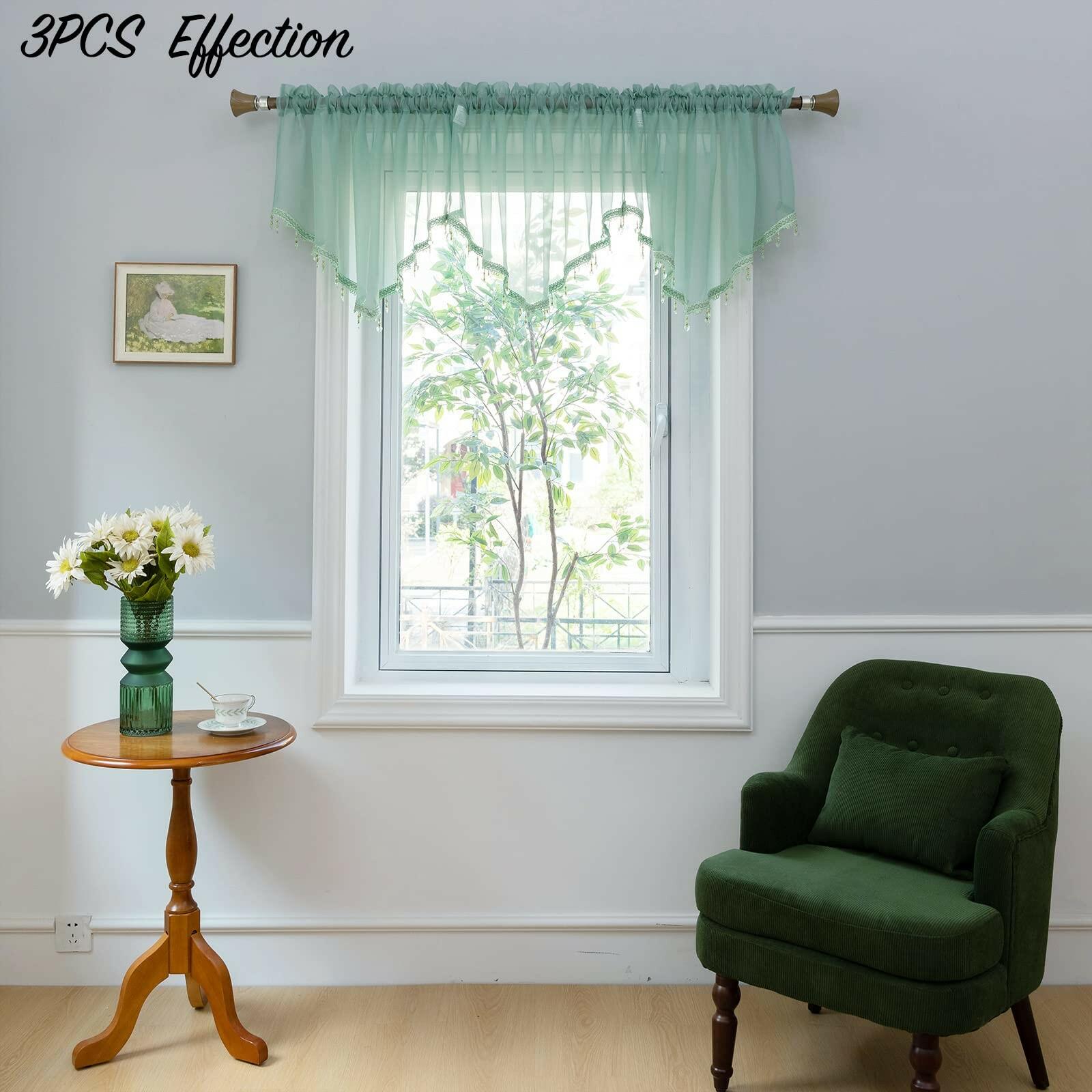 PearAge Beaded Sheer Valance Curtains for Living Room,Rod Pocket Farmhouse