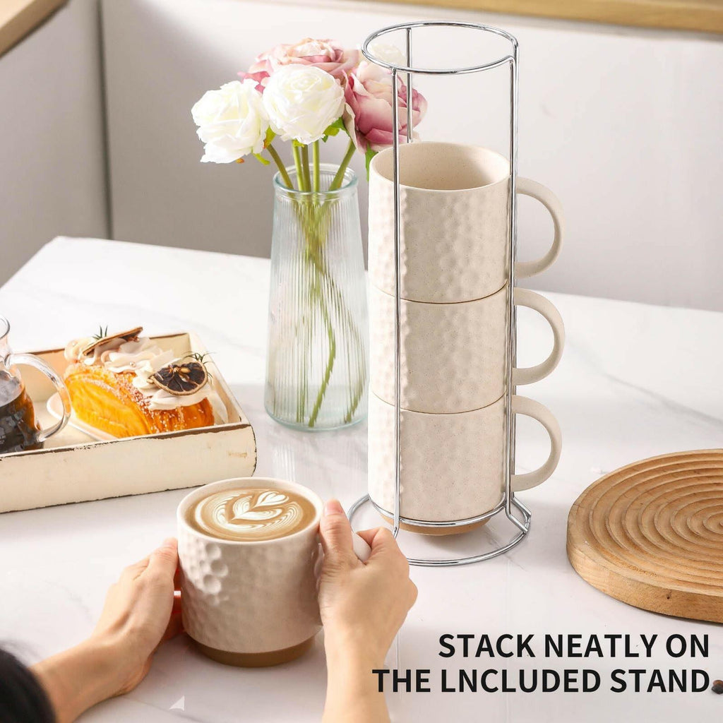 Set of 4 Nihow Ceramic Coffee Mug, 16OZ Stackable Coffee Mug Set with Stainless