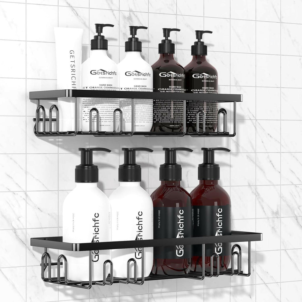 2 PACK Getsrichfc Adhesive Shower Caddy, Shower Shelves with 16 Hooks, Rustproof