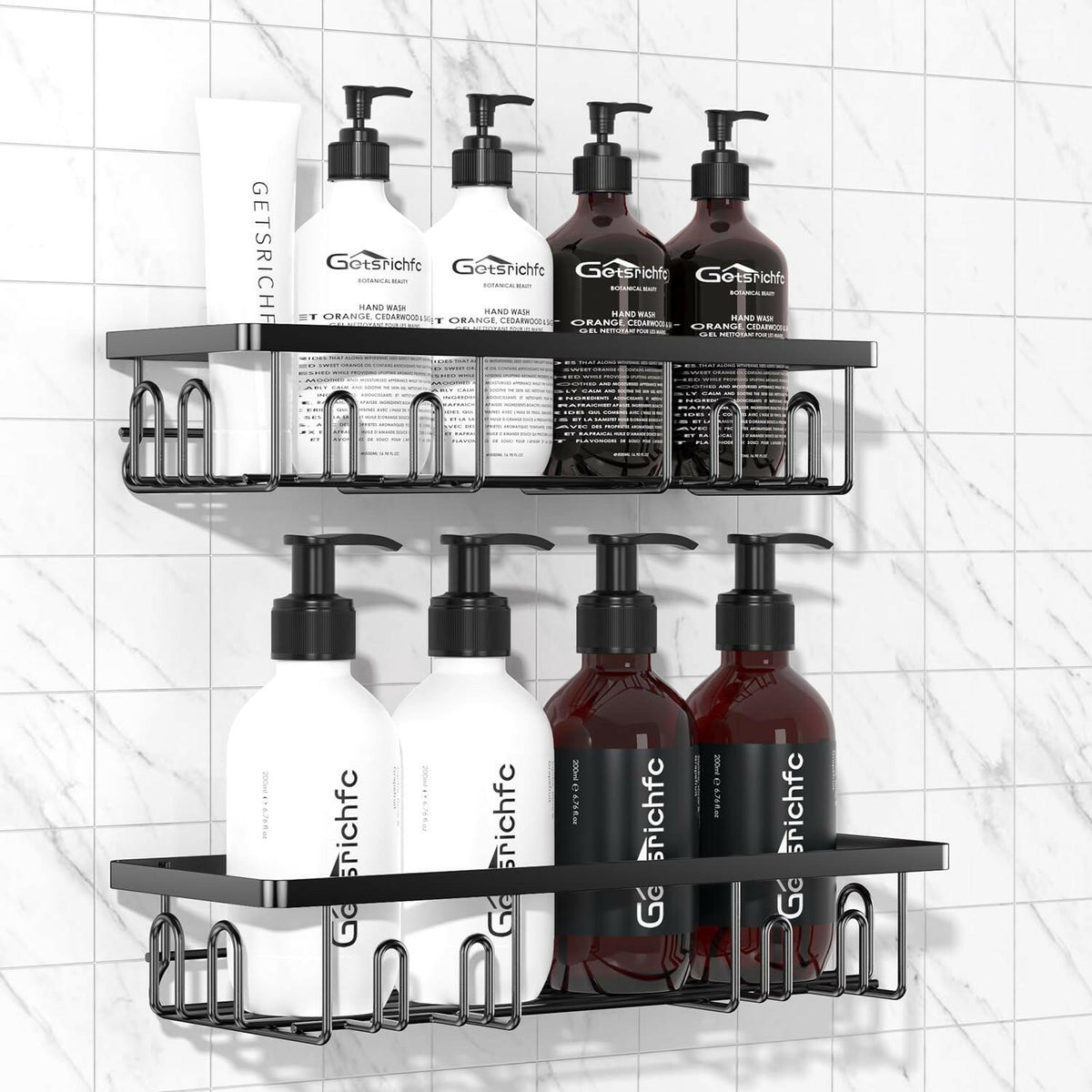 2 PACK Getsrichfc Adhesive Shower Caddy, Shower Shelves with 16 Hooks, Rustproof