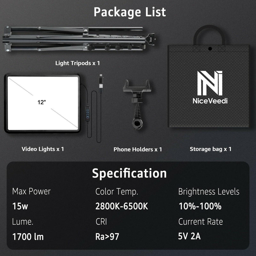NiceVeedi 1-Pack Photography Lighting Kit, 2800-6500K Bi-Color LED Video Light