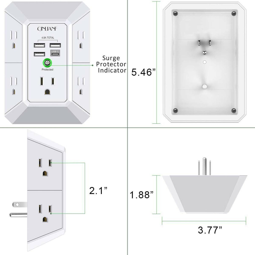 Wall Charger, Surge Protector, QINLIANF 5 Outlet Extender with 4 USB Charging