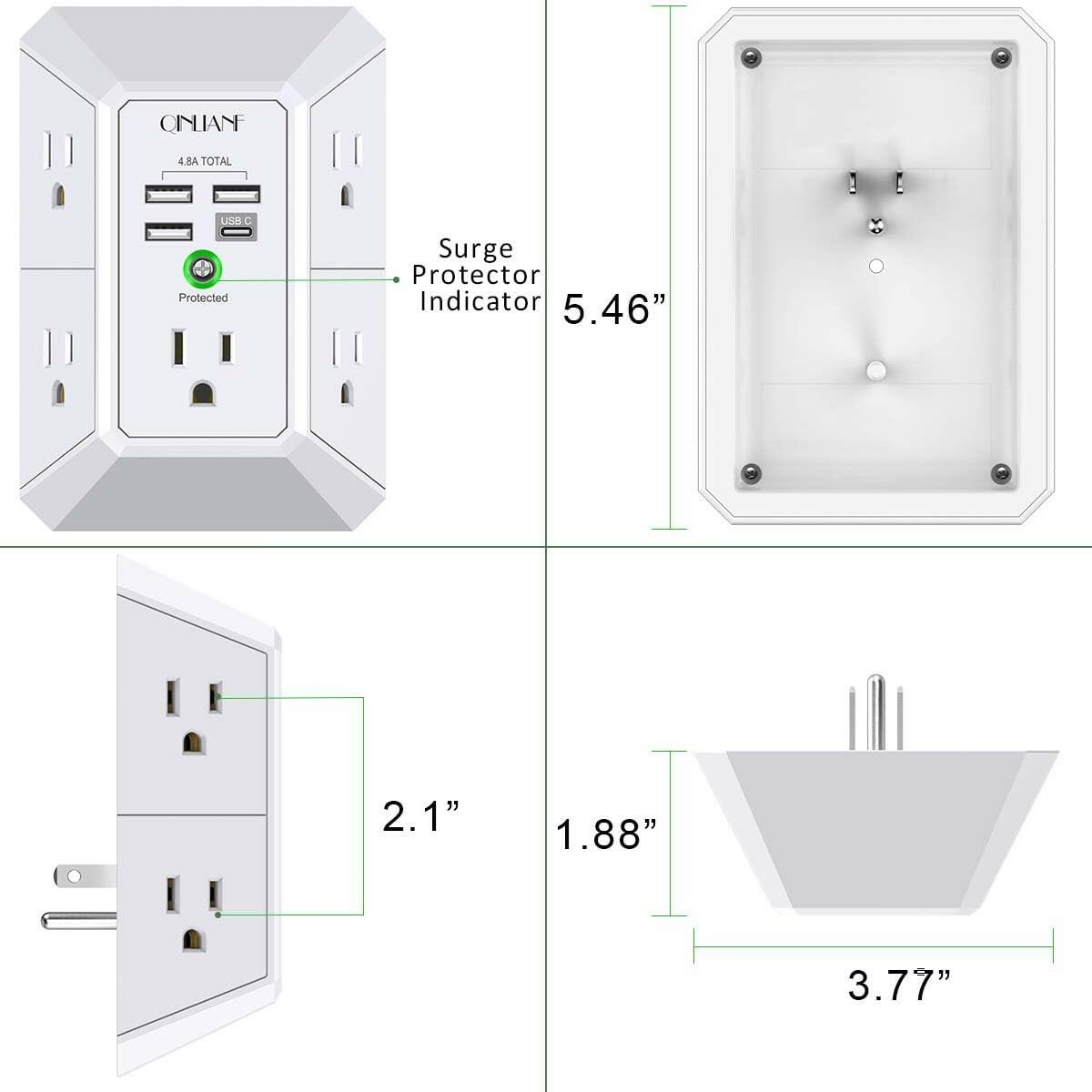 Wall Charger, Surge Protector, QINLIANF 5 Outlet Extender with 4 USB Charging