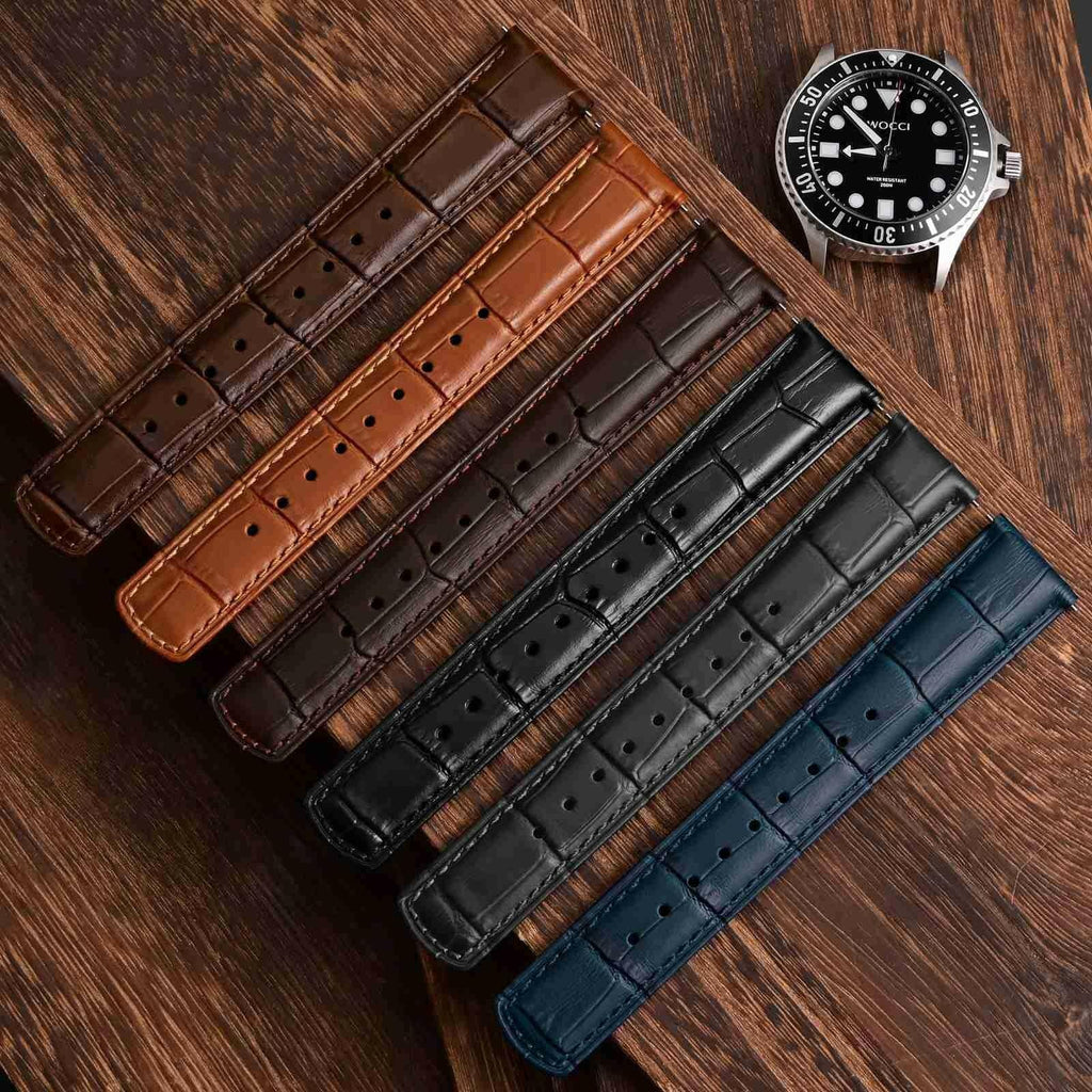 WOCCI 20mm Watch Band, Top Grain Leather, Embossed Alligator Grain, Quick