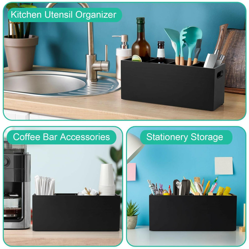 ALELION Large Utensil Holder with Removable Divider - 4 Compartment Wooden