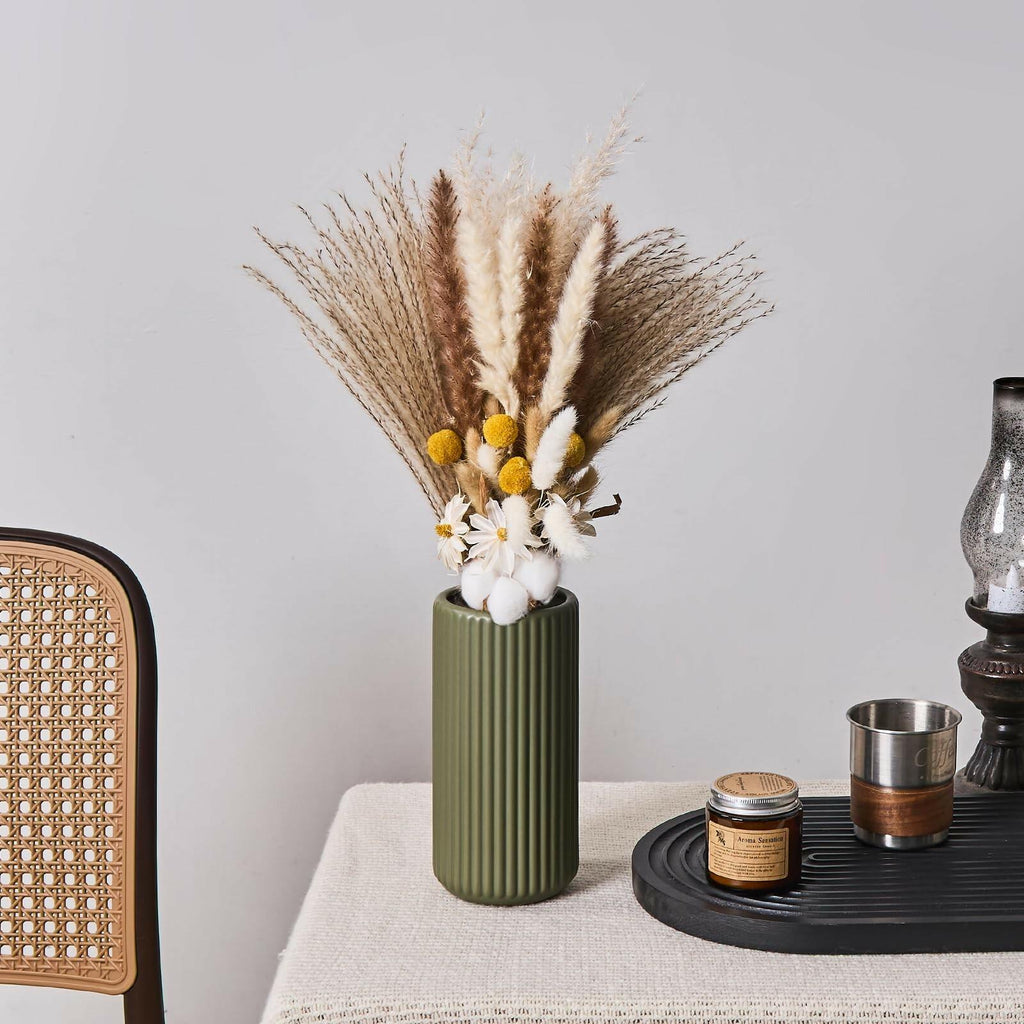 Green Ceramic Flower Vase for Pampas Grass, 8 inch Small Decorative Centerpiece