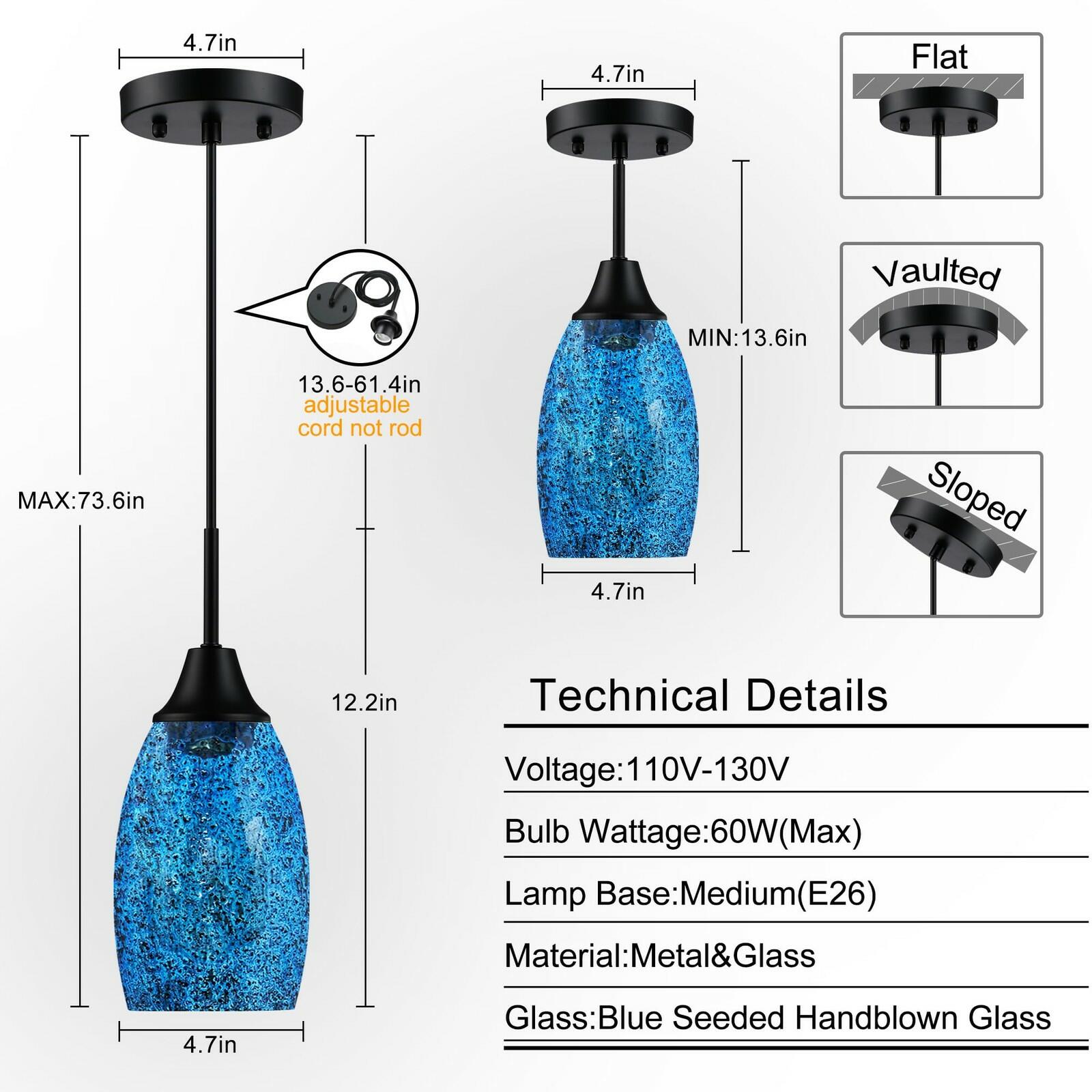 1 PACK Viinew Mini Glass Pendant Light Handblown Clear Dark Blue Seeded Glass