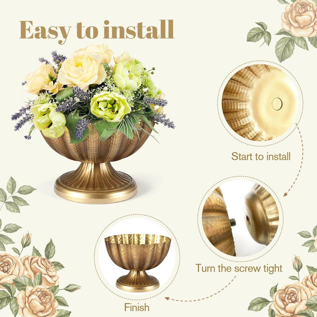 Set of 4, 9'' Wide 6.5'' High Distressed Gold Compote Pedestal Vases, Antique